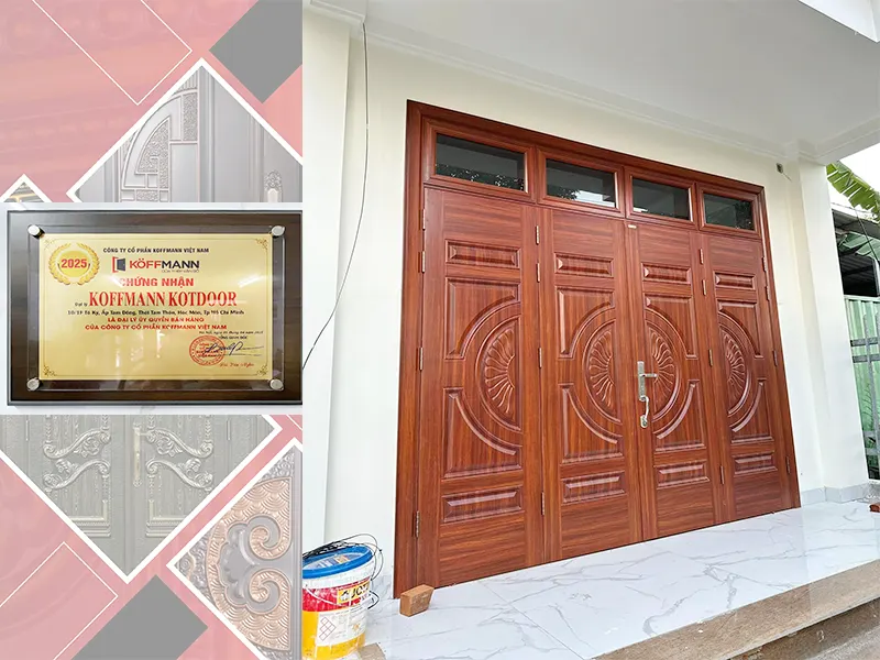 Mẫu cửa thép vân gỗ 4 cánh đều mới nhất