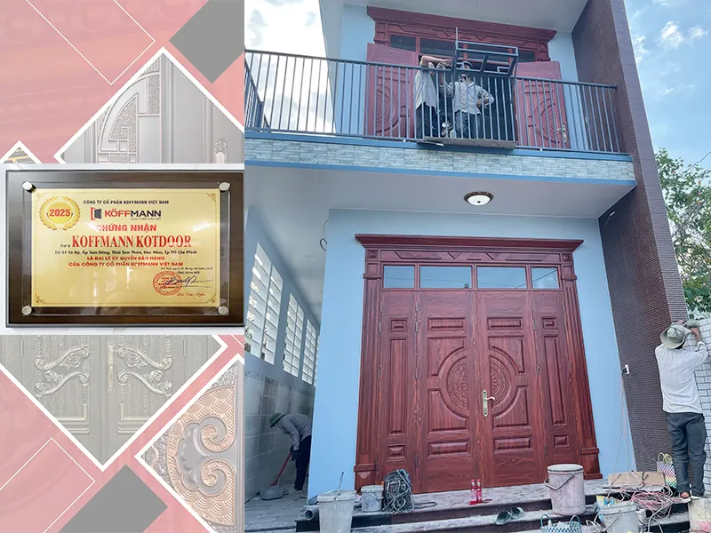Mẫu cửa thép vân gỗ 4 cánh lệch mới nhất